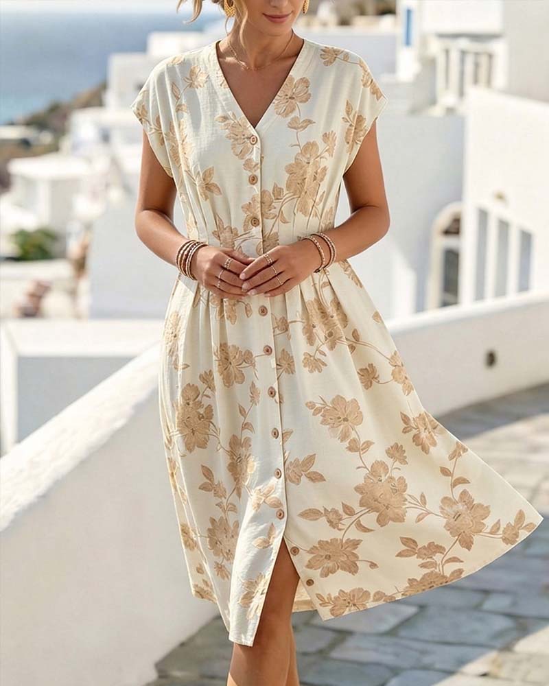Robe Col En V Imprimé Taille Cintrée Boutonnage Devant