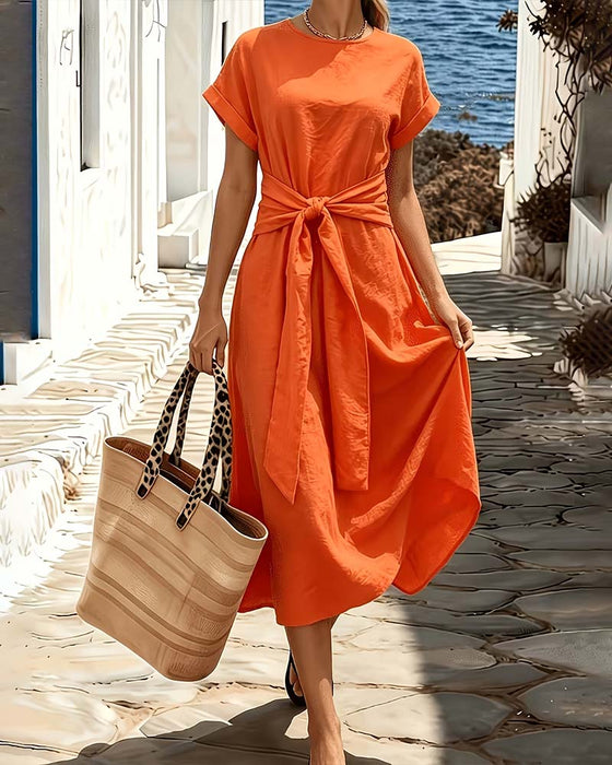 Robe Col Rond Unie Cordon Noué Plein Jupe
