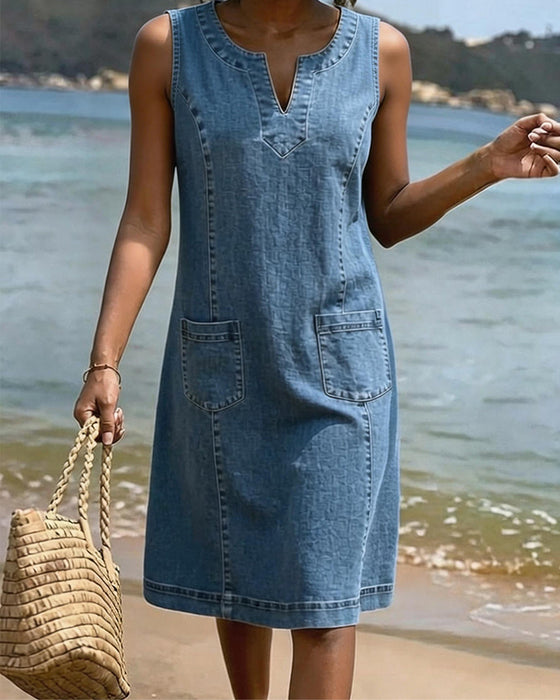 Robe Jean Petite Col En V Sans Manches