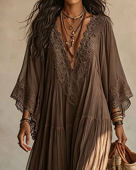 Robe Col V Dentelle Patchwork Unie