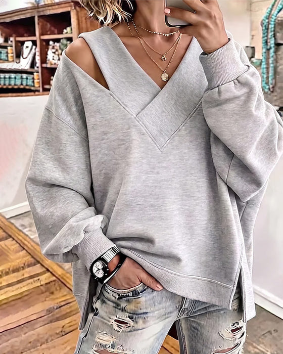 Sweatshirt Col V Épaule Dégagée Fente Asymétrique