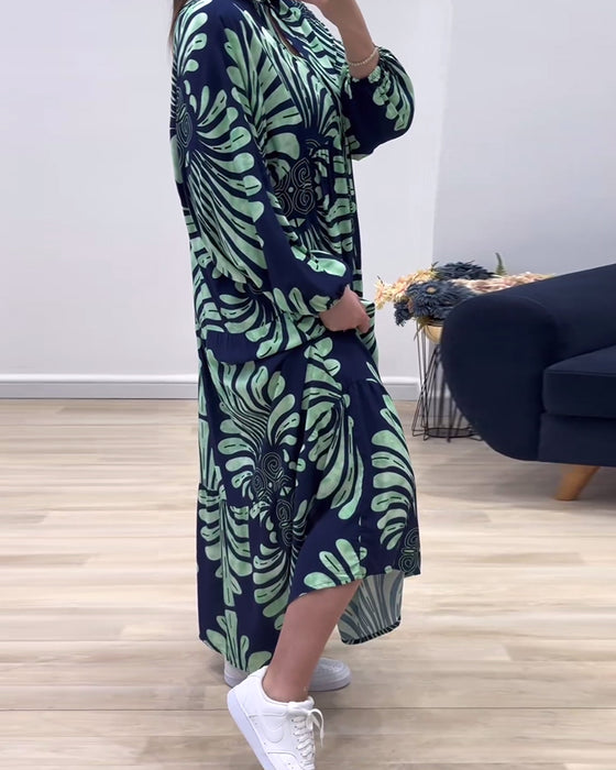 Robe longue imprimée patchwork à col montant et manches longues