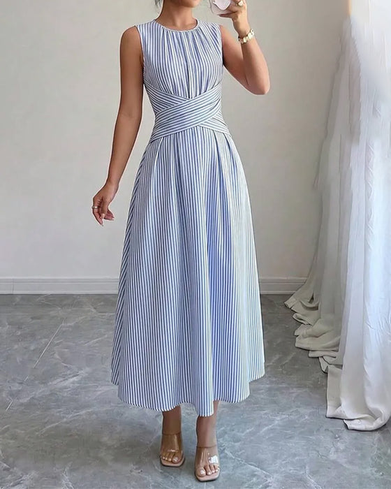 Robe Rayure Twist Taille Sans Manches Maxi