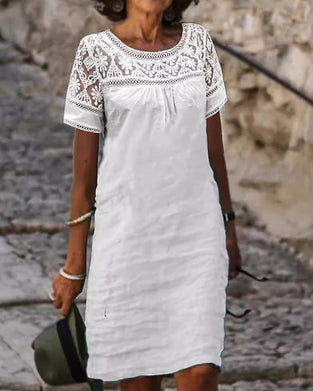 Robe Col Rond Dentelle Patchwork Décontractée