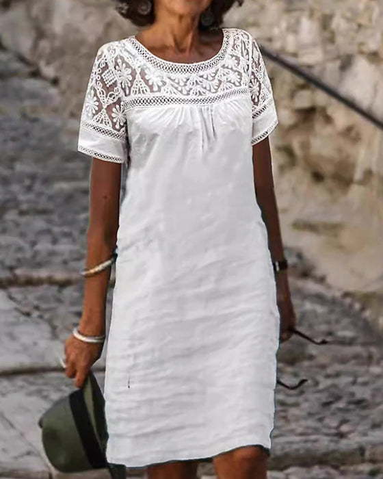 Robe Col Rond Dentelle Patchwork Décontractée