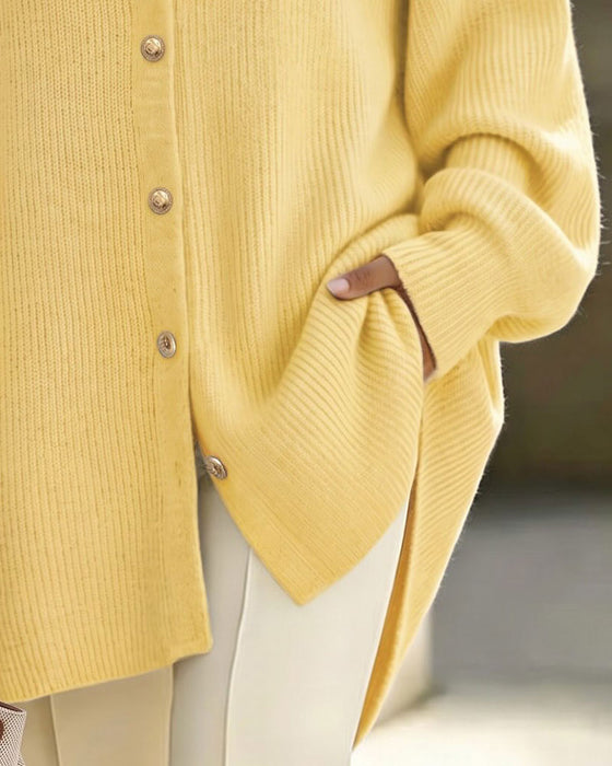 Cardigan Revers Bouton Manche Lanterne Épaule Tombante