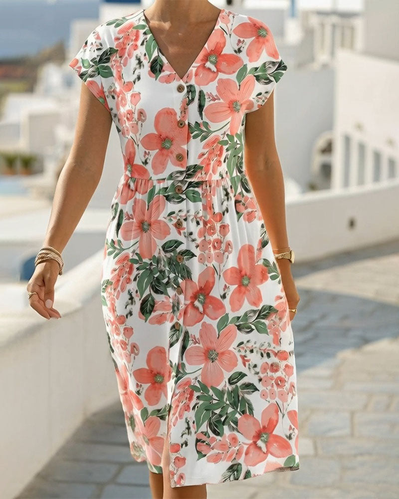 Robe Imprimé Floral Col V Manches Courtes