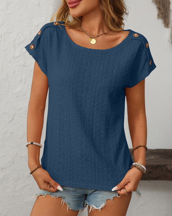 Blouse Col Rond Bouton Découpe Manches Courtes
