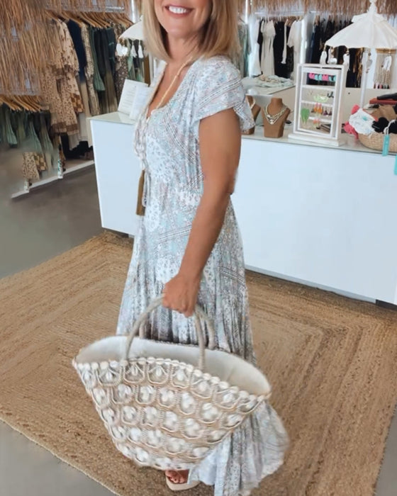 Robe à manches fendues et col en V imprimé vacances