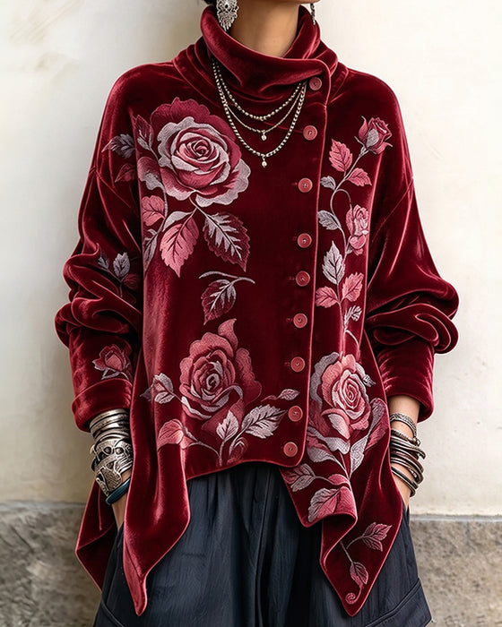 Haut Rose Imprimé Bouton Irrégulière