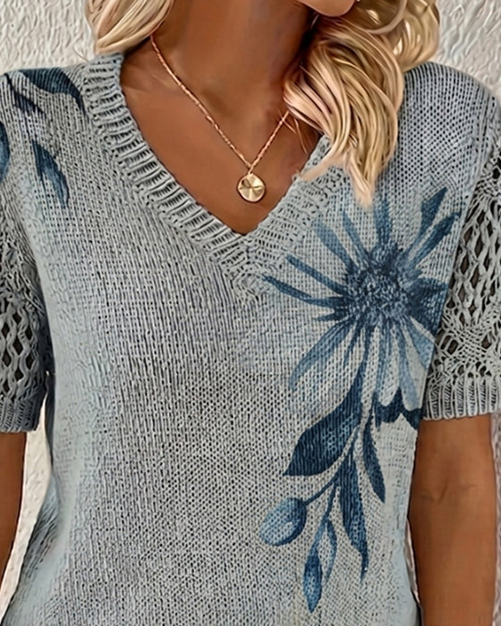 Pull-Over Col En V Tricoté Fleuri