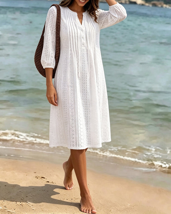 Robe Col V Plissé Découpé Uni