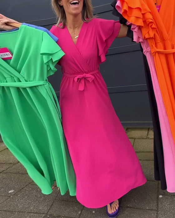 Robe longue de couleur unie à manches volantées et cravate