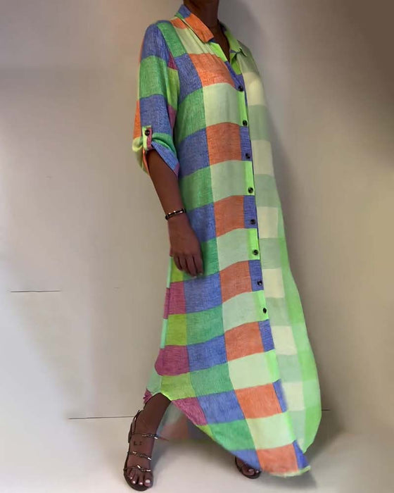 Robe à Carreaux Col Bloc de Couleur Chemise