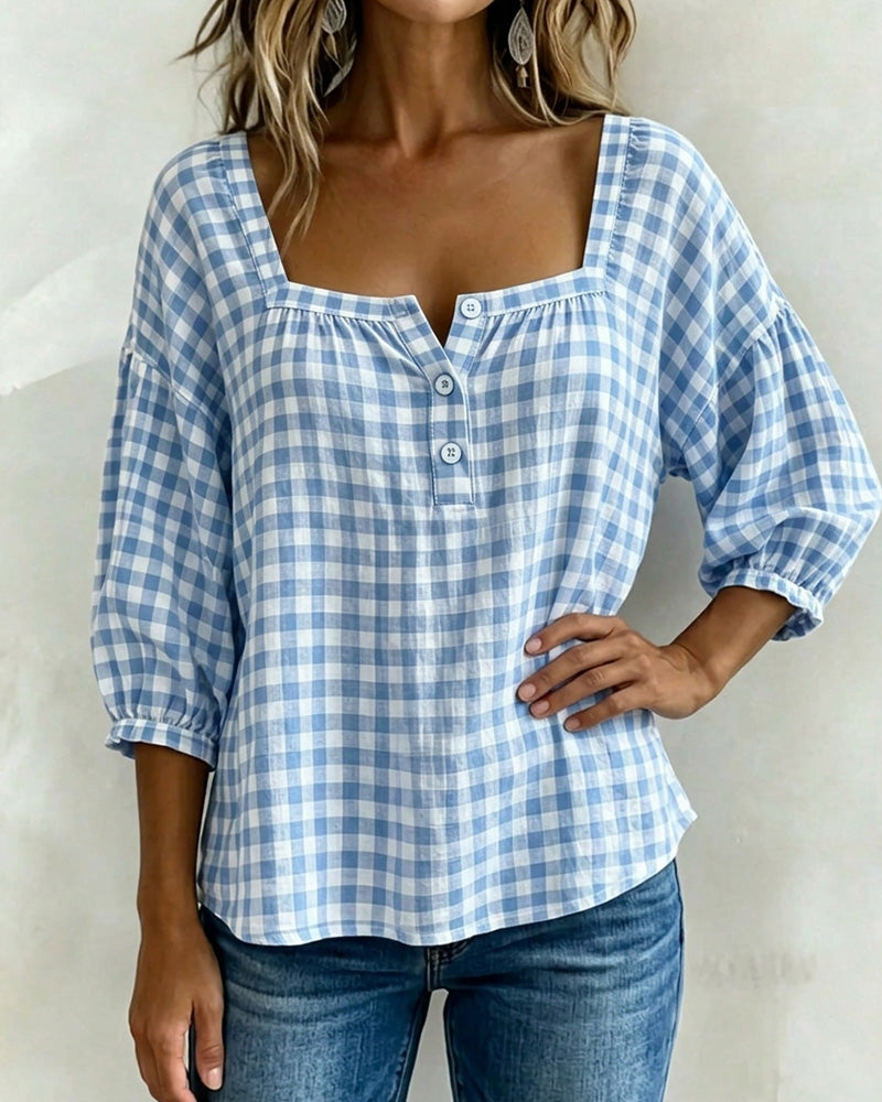 Blouse Col Carré Boutonnage Ecossais
