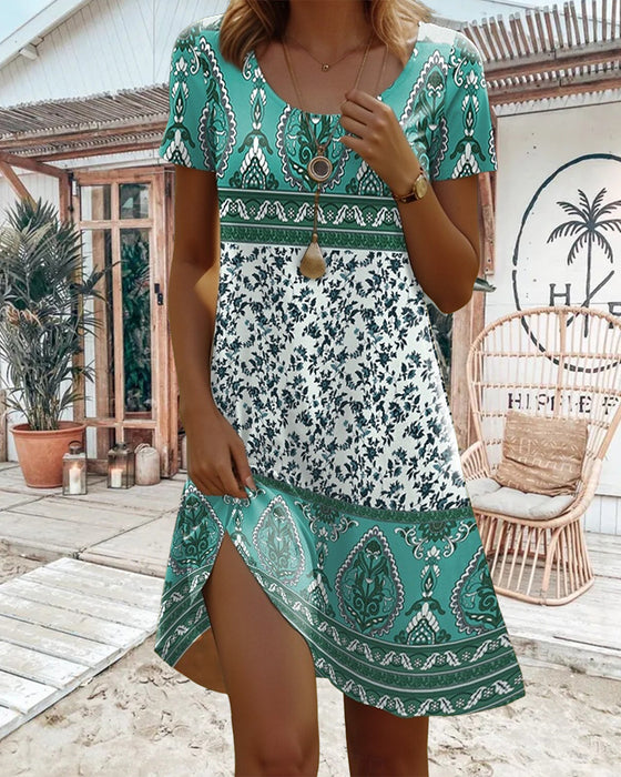 Robe Manches Courtes Imprimé Contrasté