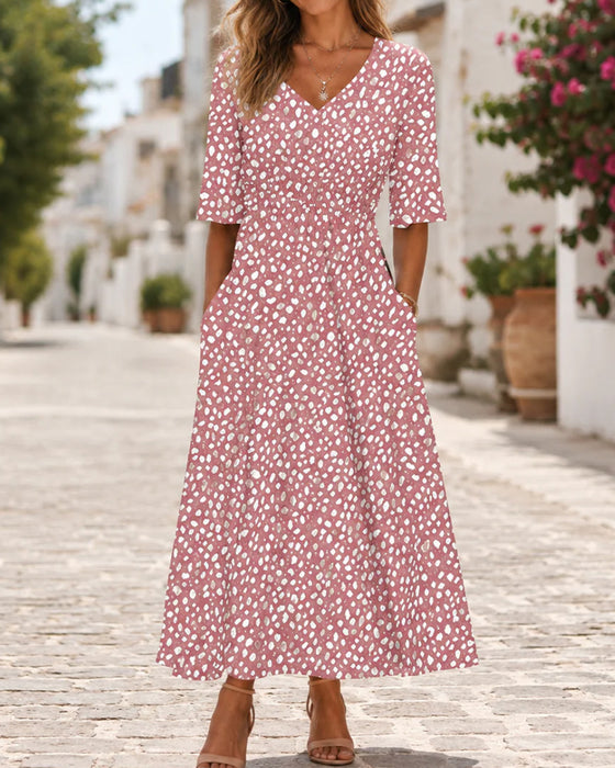 Robe Col En V À Pois Volant Coupe A