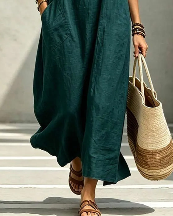 Robe Col Rond Bouton Poche Unie