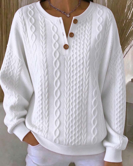 Sweat-Shirt Col V Boutonné Tresse Uni