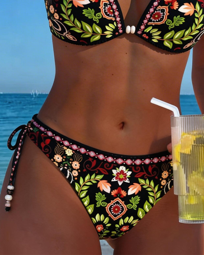 Bikini Style Ethnique Floral Encolure Nœud Cou Deux Pièces