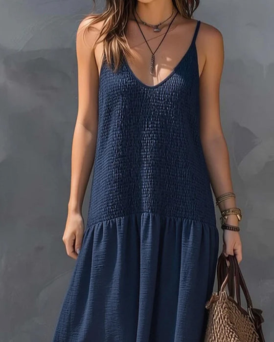 Robe Col En V Bretelles Froncée Patchwork Sans Manches