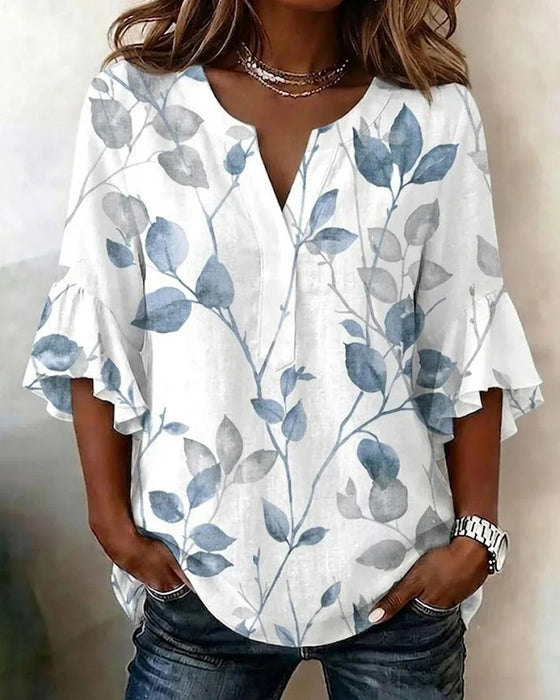 Blouse Volant Évasé Manche Feuille Imprimé