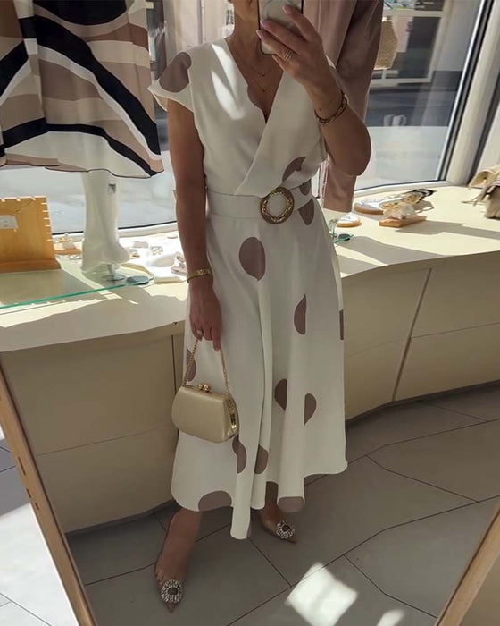 Robe À Pois Col En V Cintrée À La Taille