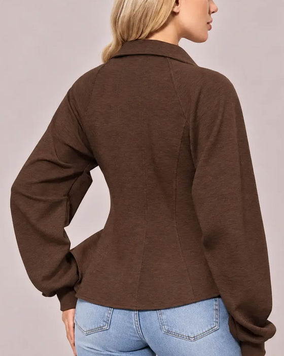 Manteau Revers Fermeture Éclair Taille Plissée