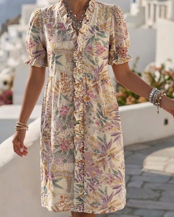 Robes Taille Cintrée Manche Bouffante Volant Floral