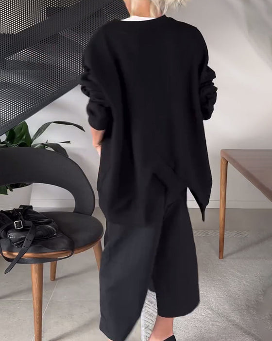 Sweat-shirt décontracté à col rond et fente de couleur unie