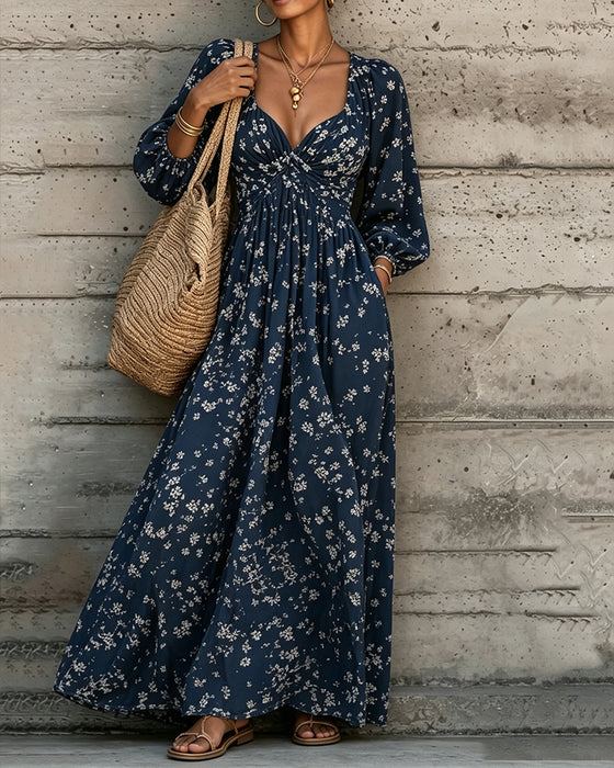 Robe Froncée Florale Manche Bouffante Jupe Ample