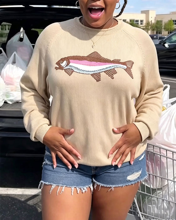 Pullover Col Rond Imprimé Poisson Épaule Tombante