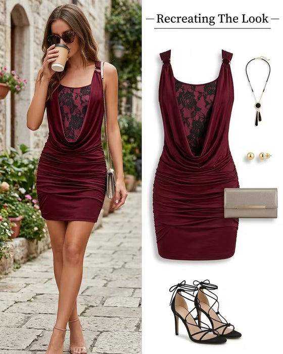 Robe Col Drapé Dentelle Bretelles Bodycon