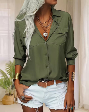 Chemise Pour Femmes Avec Détail à Double Poche, Design à Couleur Unie