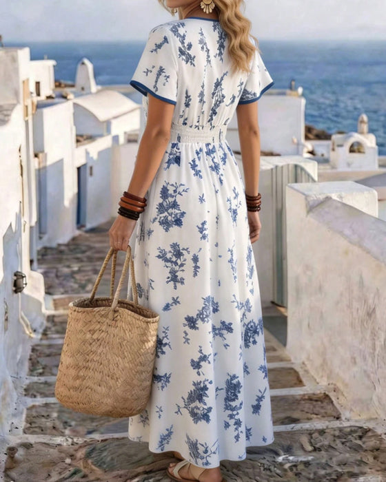 Robe Col V Taille Cintrée Florale Maxi