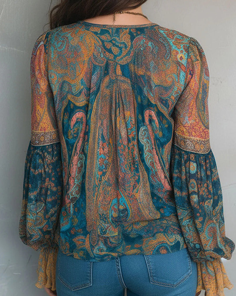Blouse À Col V De Style Bohème À Manches Évasées