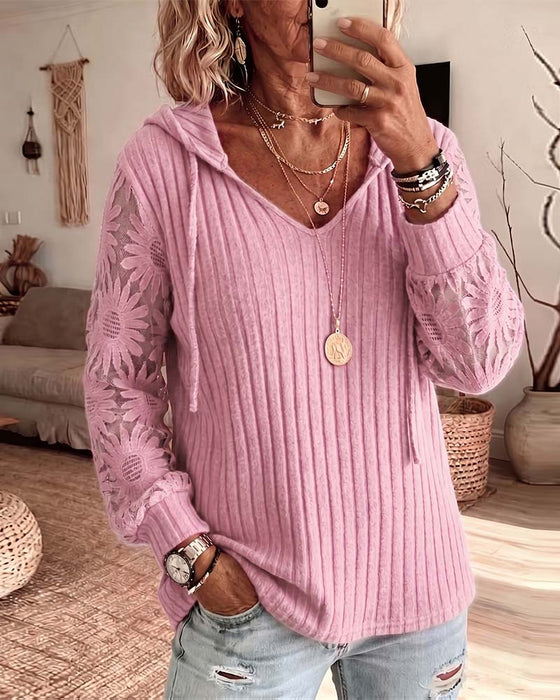 Blouse Capuche Col V Dentelle Patchwork Côtelé