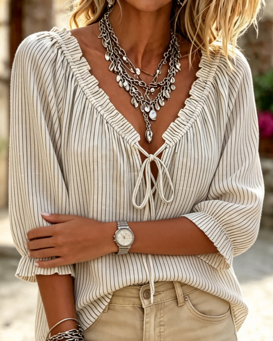 Blouse Décontractée Manches Volantées Lacets
