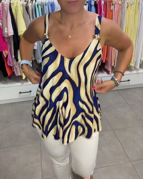 Blouse Col En V Bretelles Zèbre Imprimé Bouton Métallique
