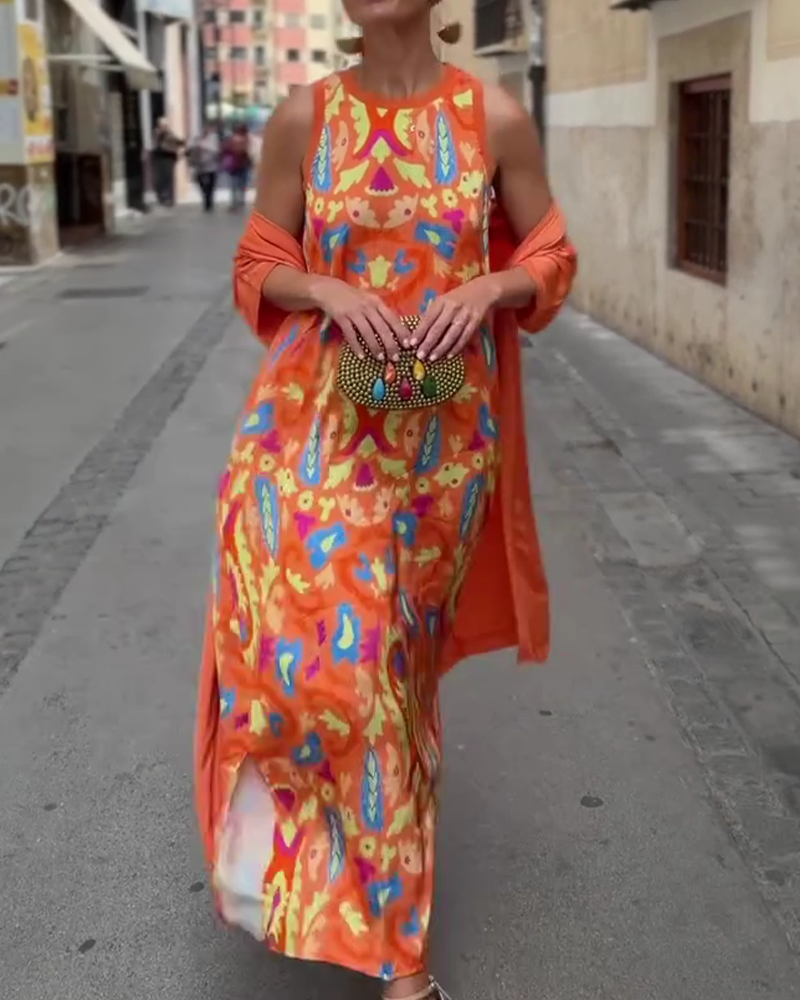 Ensemble Robe Longue Sans Manches Avec Long Cardigan