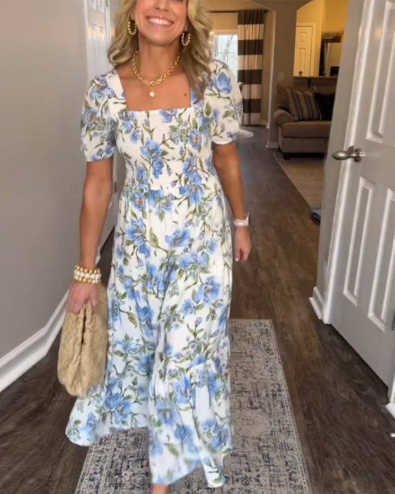 Robe Carré Plissé Fleuri A-Ligne