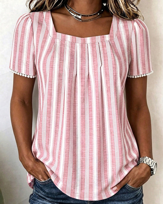 Blouse Rayée Col Carré Manches Courtes