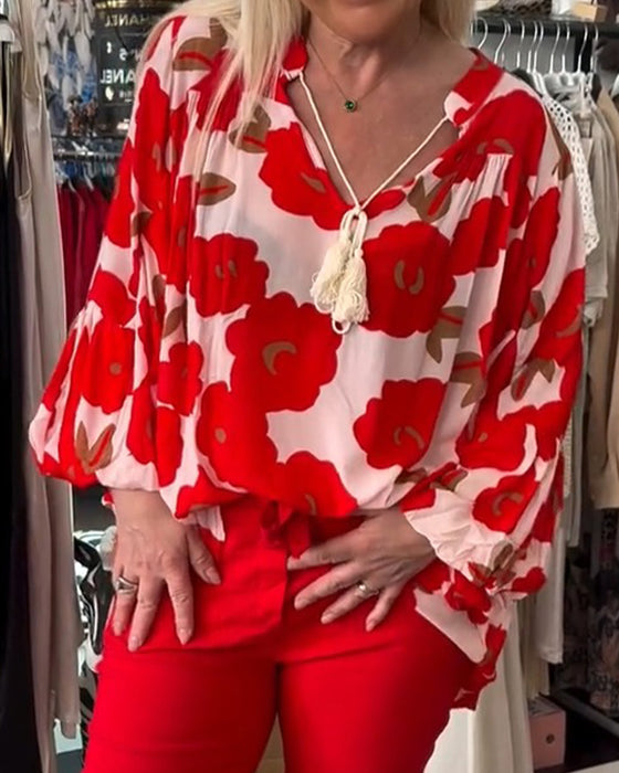 Blouse Grande Florale Attache Col V