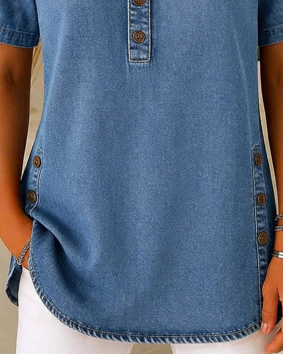 Top Boutons-Devant Denim Manche Courte