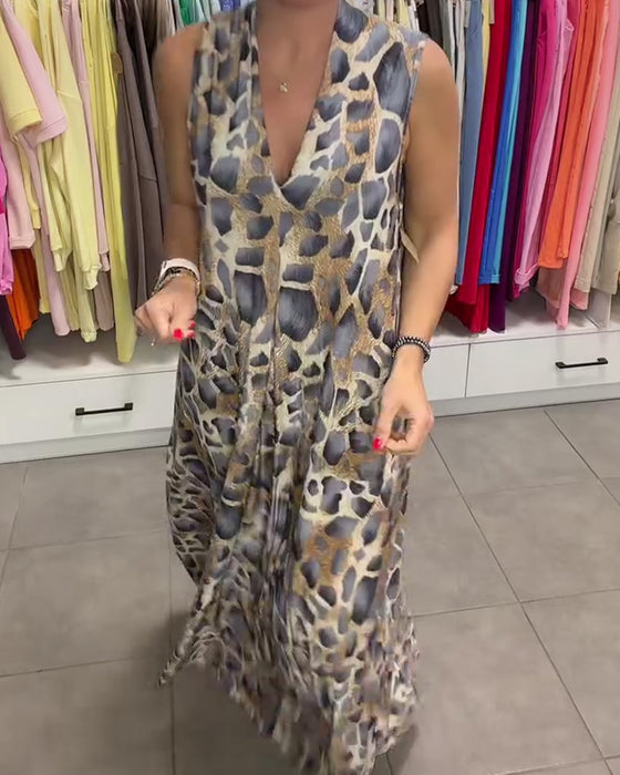 Robe Léopard Sans Manches Col En V Évasée Longue