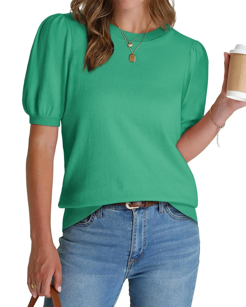 Pull-Over Manche Bouffante Tricoté Manches Courtes