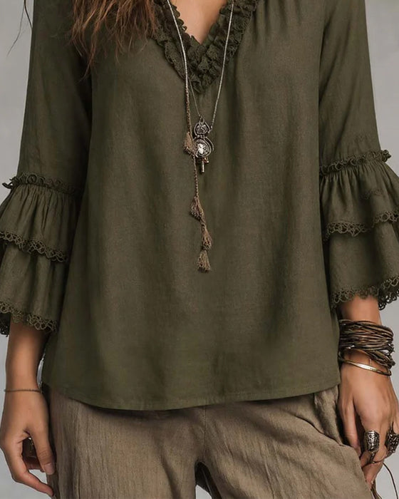 Blouse Col En V Manche Deux Niveaux Volant