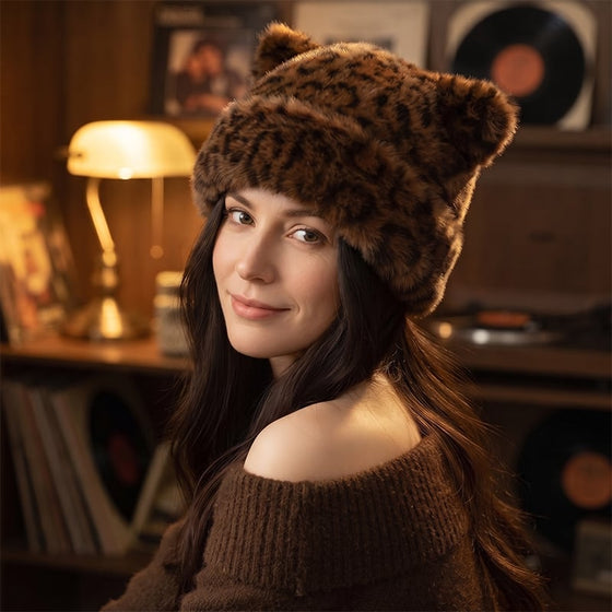 Chapeau Imprimé Léopard Peluche Oreille De Chat