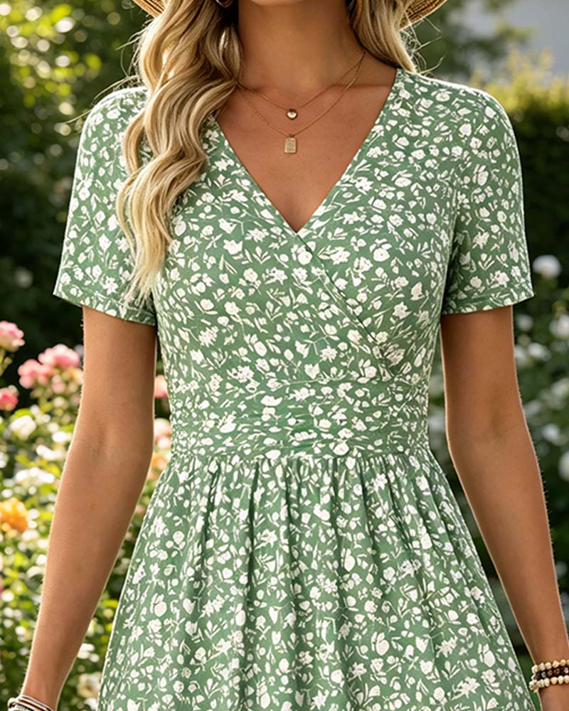 Robe Col En V Manches Courtes Petit Fleuri