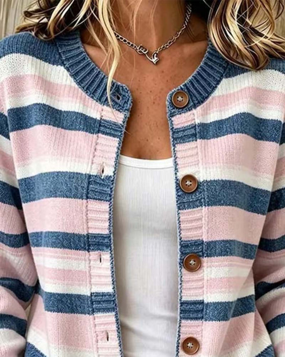 Cardigan Rayé Col Rond Simple Boutonnage